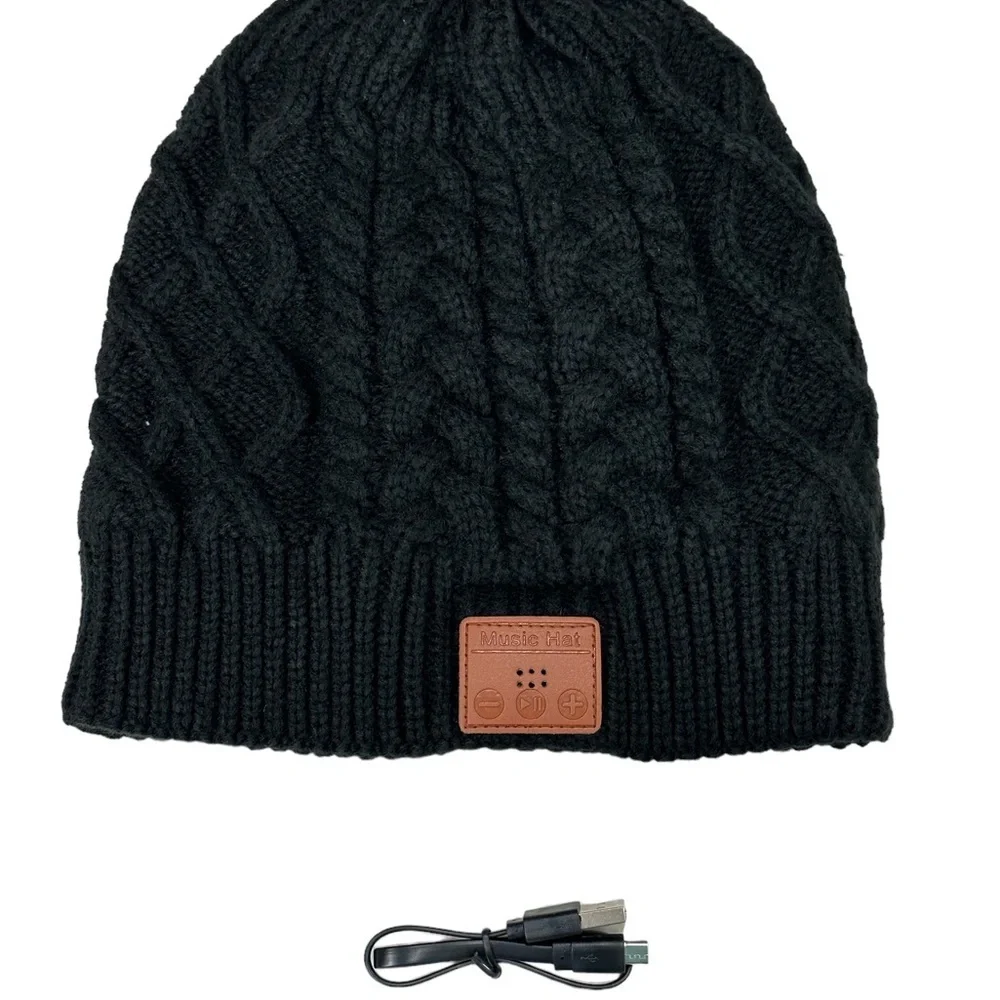 Wireless Bluetooth Beanie Hat Braided Black Stereo Speakers Microphone Fleece - Picture 4 of 8